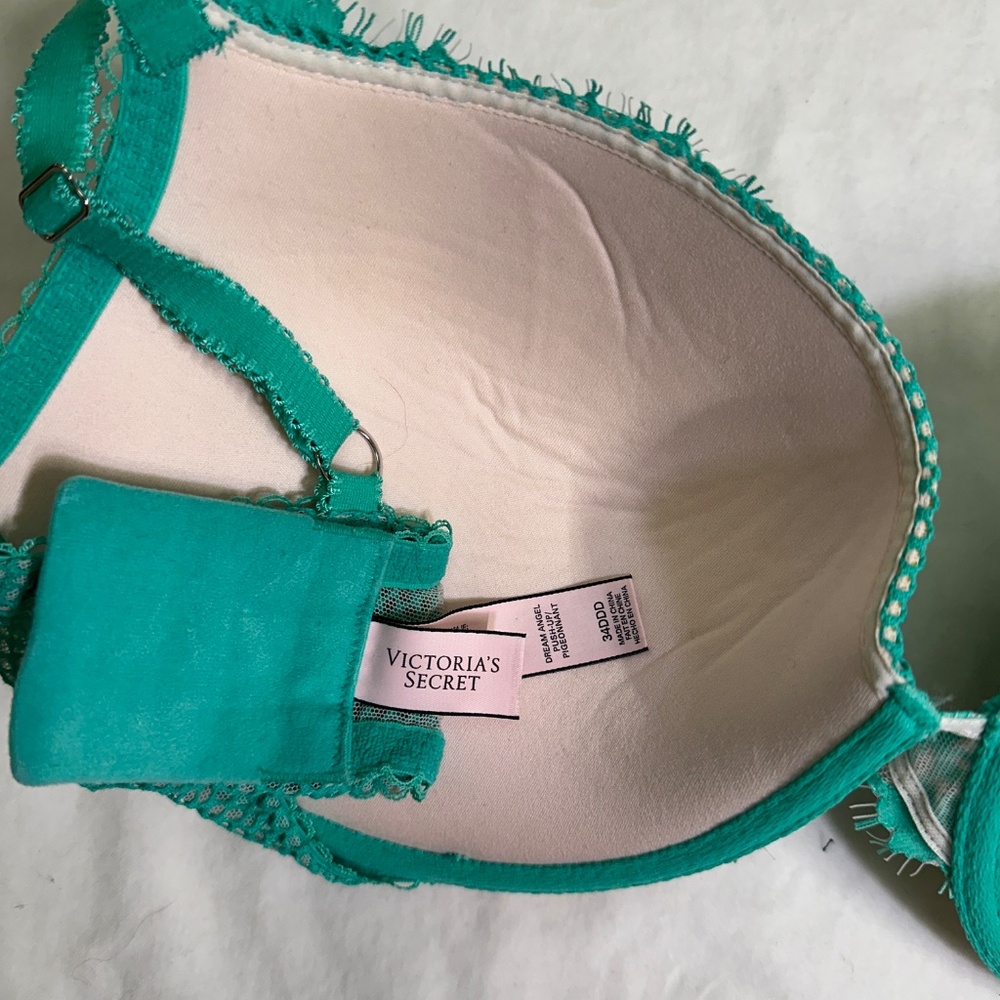 NWT Victoria's Secret Dream Angel Teal/Ivory Lace Push Up Bra 34DDD - Picture 3 of 3